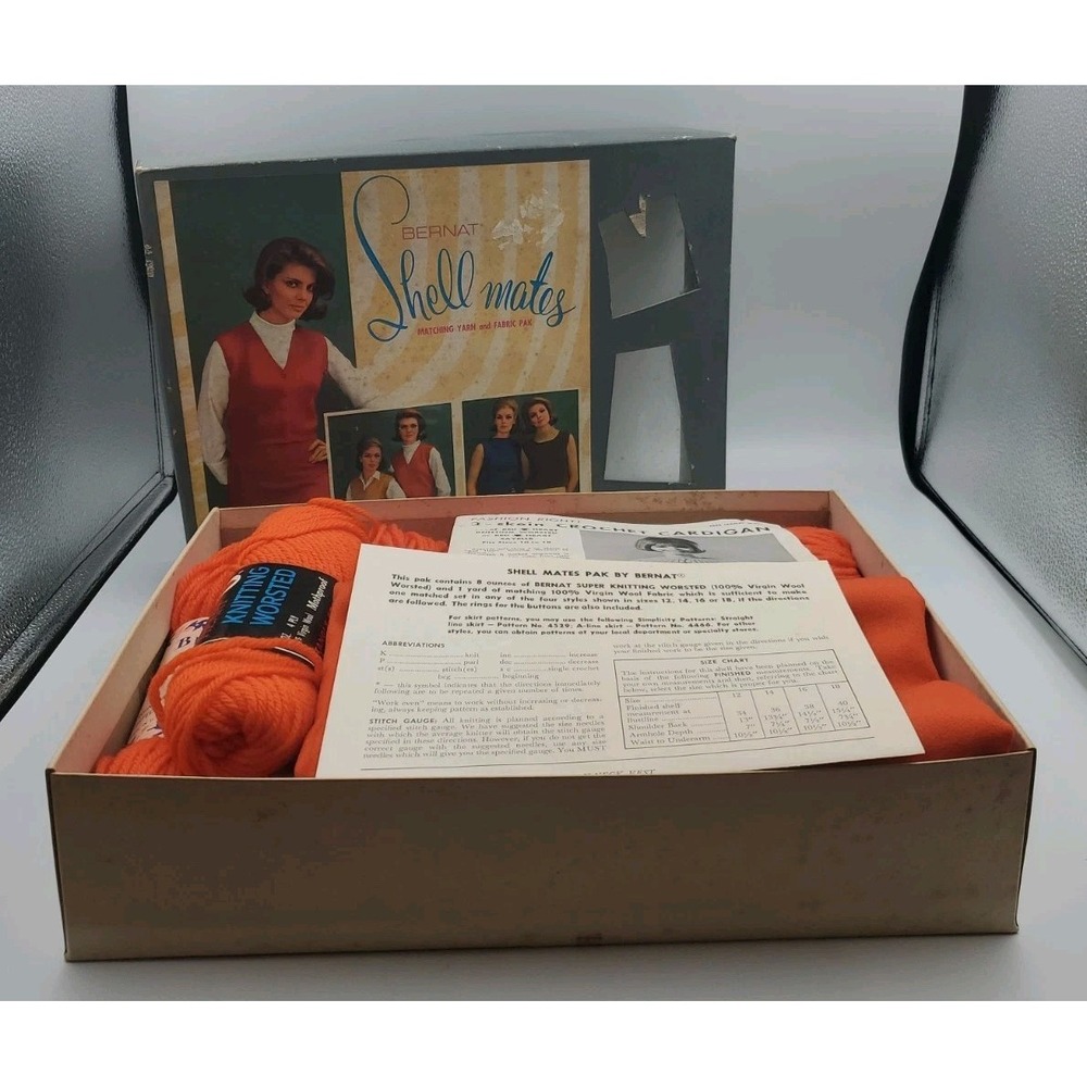 Vtg Bernat Shell Mates Spiced Peach Tangerine Virgin Wool DIY Sweater Kit READ